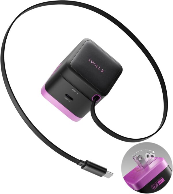 iWALK 65W GaN Charger with Built-in Retractable Mini Travel Fast Charging Foldable Wall Charger for MacBook Pro, iPad Pro, Airpods